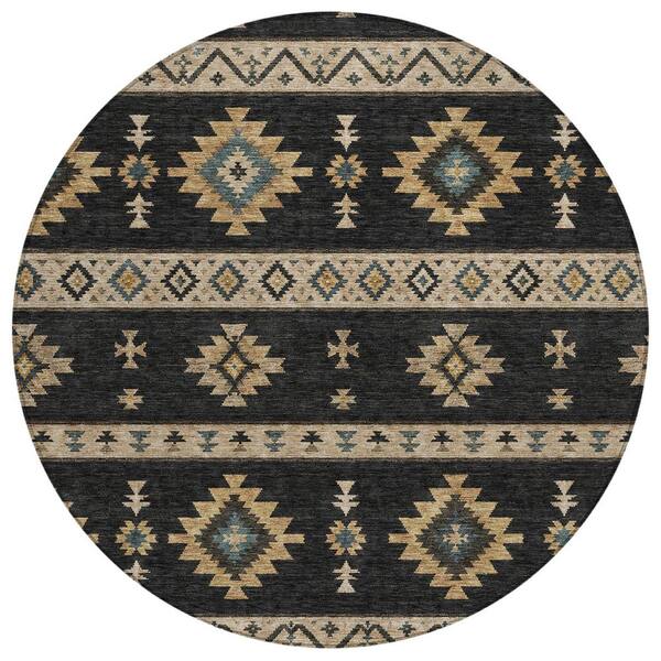 Chantille Machine Washable Indoor/Outdoor Abstract ACN3126 Black 8 ft. x 8 ft. Round Rug