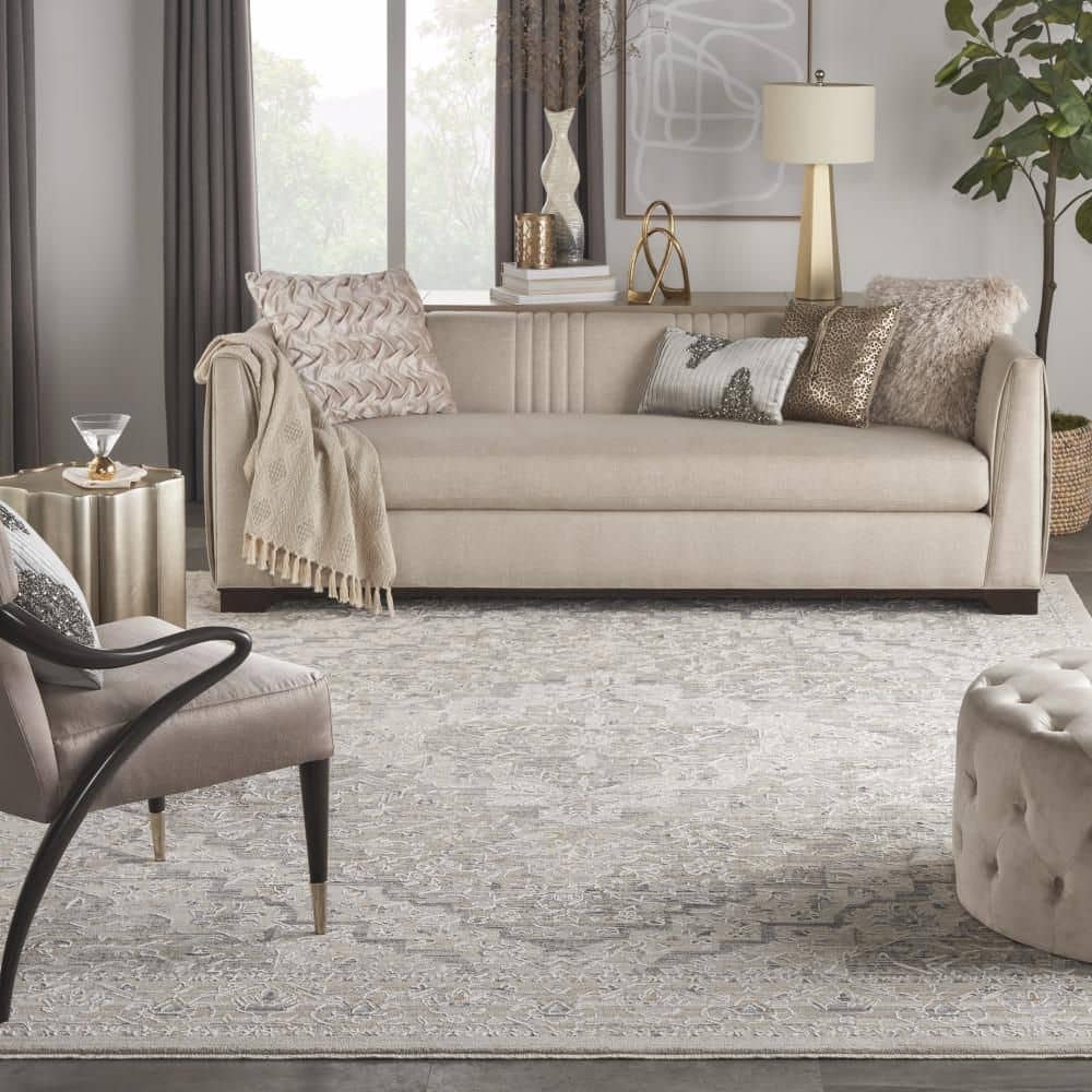 Ivory Taupe Floral Synthetic Round Washable Rug