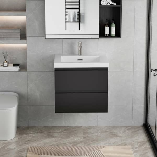 Abruzzo 23-5/8 in. W x 19-3/4 in. D x 22-1/2 in. H Bathroom Wall Hung Vanity in Black with Single Basin Top in White Resin