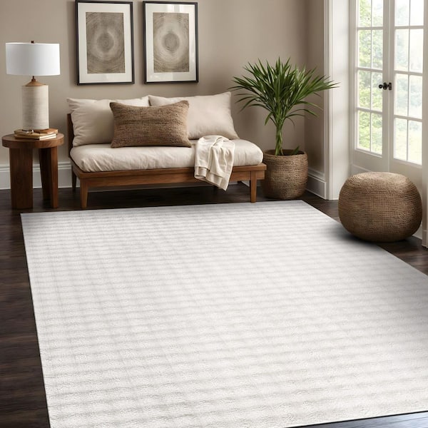 Aurora 4 ft. x 6 ft. White Non-Slip Rubber Back Washable Polyester Checker Indoor Area Rug