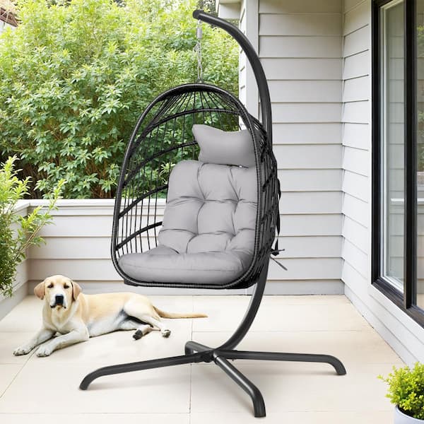 1-Person 350 lbs. Capacity Foldable Gray Wicker Egg Porch Swing Chair with Steel Stand and Light Gray Cushion for Patio