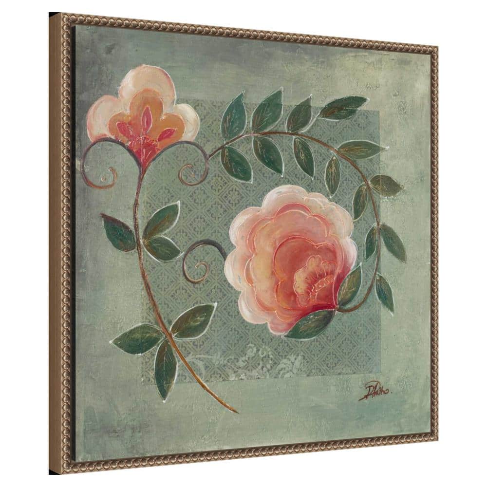 Beaded Bronze Framed Floral Green Canvas Wall Art
