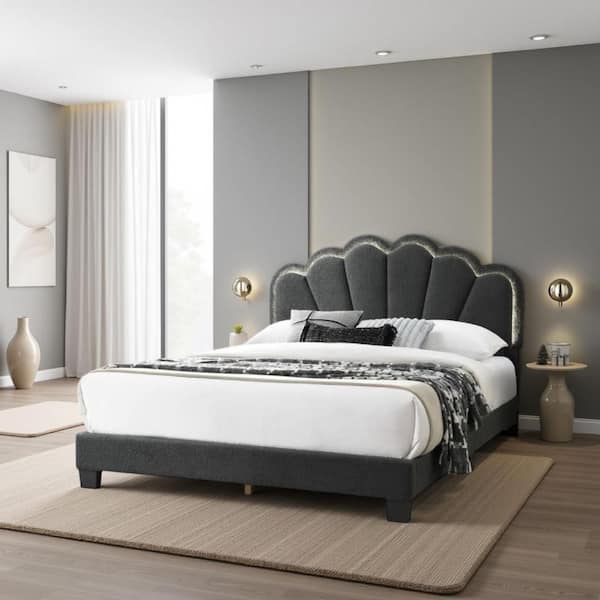 Geny Charcoal Gray and Black Wood Frame Queen Size Panel Bed with Glam Arch and LED