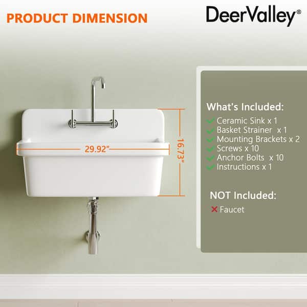 DEERVALLEY 30 in. Wall Mount Laundry/Utility Sink, White Single Bowl