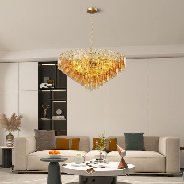 37 in. W 14-Light Gold Chandelier, Pendant Lighting Fixture with Tiered Smoke Glass Tubes Ceiling Light, No Bulbs