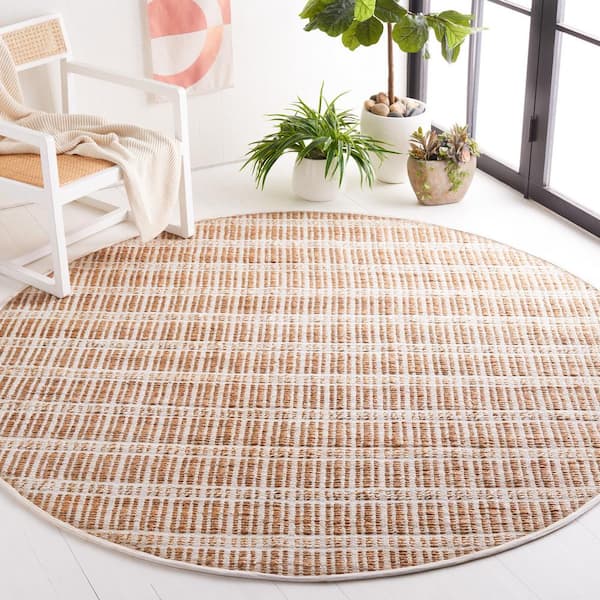 Natural Fiber Ivory/Beige 7 ft. x 7 ft. Striped Woven Round Area Rug