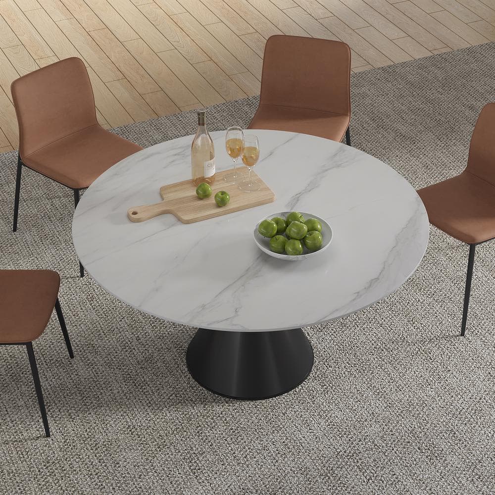 Modern Round White Snow Mountain Stone Tabletop 53.15 in. Black Titanium St
