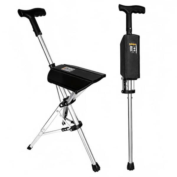 Folding Walking Cane with Seat for Seniors, Anti-Slip Aluminum Foldable Trekking Hiking Pole for Travel, Outdoor