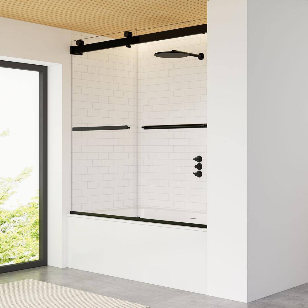 Marcelo 60" Matte Black Frameless Tub Door with Clear Glass