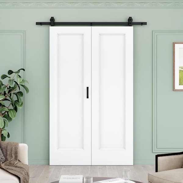 48 in. x 80 in. 1 Panel White Primed Hollow Core MDF Composite Bi-Fold Sliding Barn Door with Hardware Kit