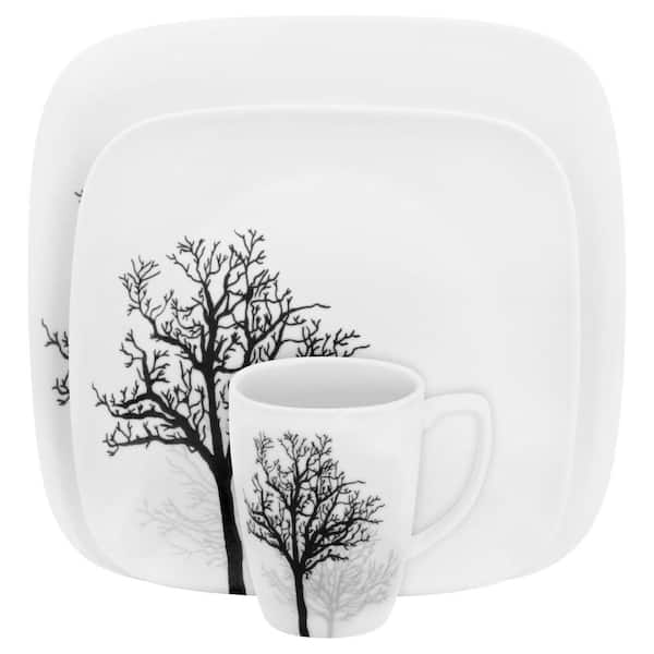 Corelle Square 16-Piece Seasonal Black Trees Glass Dinnerware Set (Service for 4)