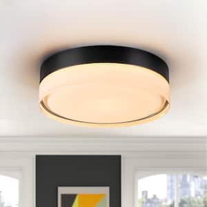 Geren 11 in. 33-Watt Modern Round Matte Black Integrated LED Flush Mount Light with Frosted Clear Glass Shade
