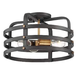 Brooks 15 in. 3-Light Vintage Bronze Semi-Flush Mount with Round Open Metal Cage Frame