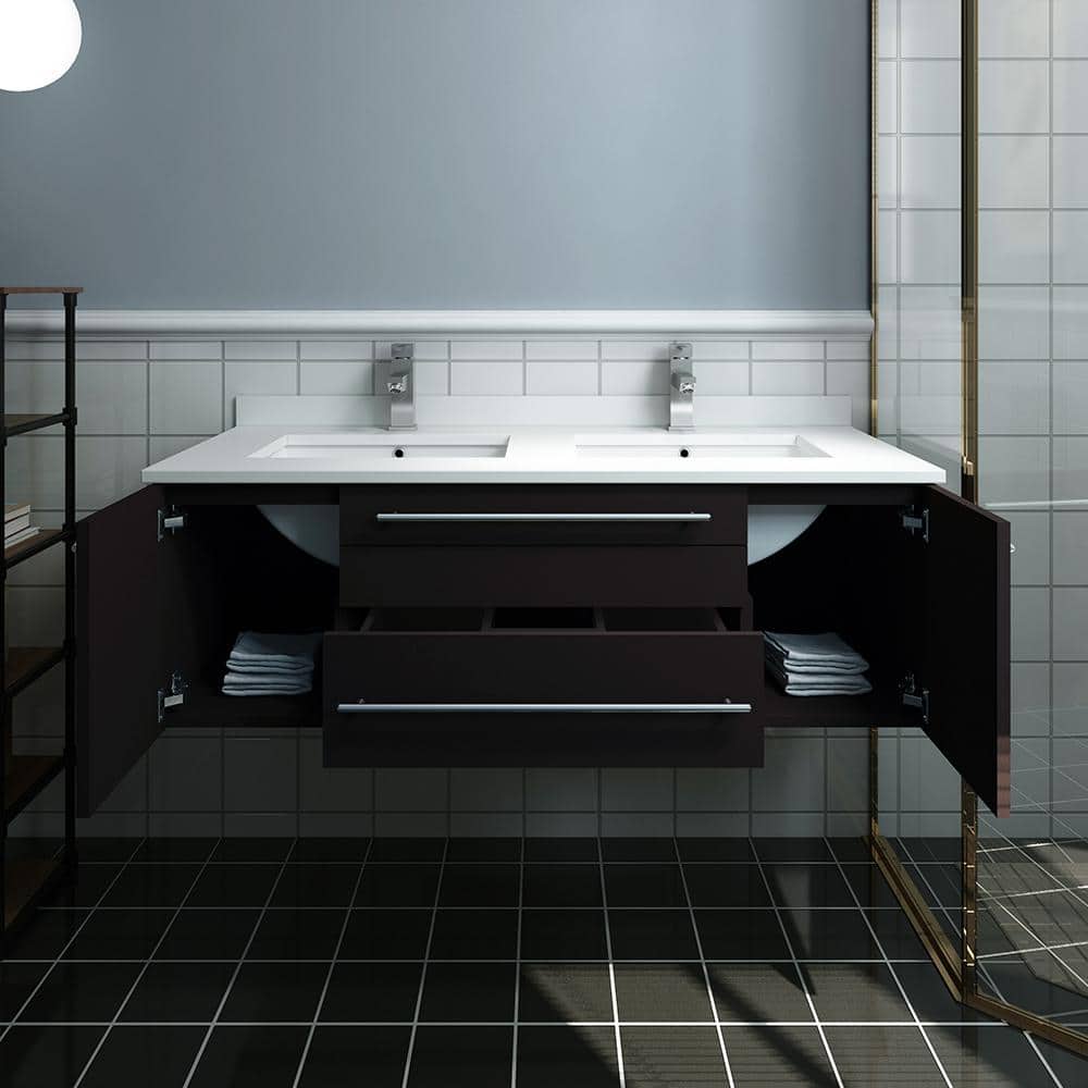 Espresso 48" Wall-Mount Double Sink Vanity with Quartz Top