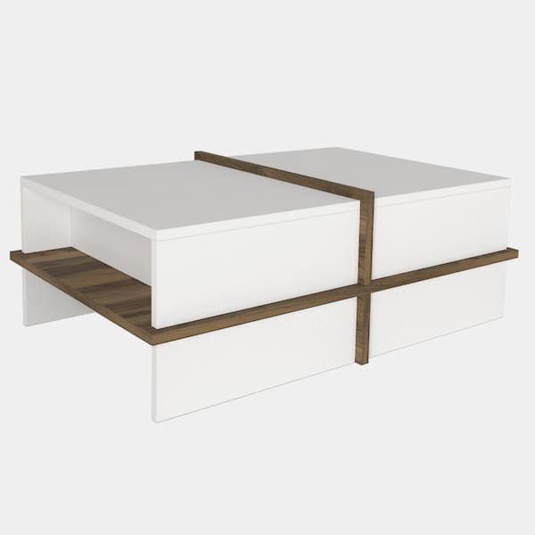 THE URBAN PORT 23.6 in. White and Brown Modern Wood Rectangular Coffee Table with Side Shelf