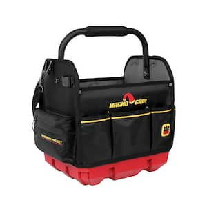 RED Base Series 12 in. 16-Pocket Tool Tote, 8 Loops, Comfort Grip Steel Handle, Adjustable Padded Shoulder Strap