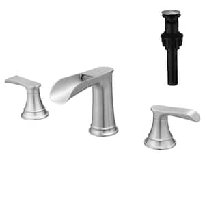 Waterfall 8 in. Widespread Double Handle Brass Bathroom Faucet with Pop Up Drain, Water Supply Hoses in Brushed Nickel