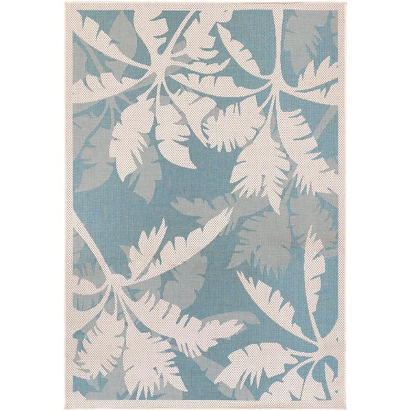 Couristan Monaco Coastal Flora Ivory-Turquoise 5 ft. x 8 ft. Indoor/Outdoor Area Rug