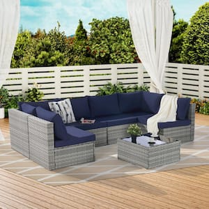 7 Piece PE Wicker Outdoor Patio Sectional Set Couch with Coffee Table and Removable Seat Cushion Blue