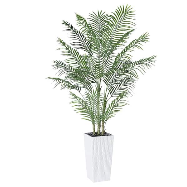 DR.Planzen 7 ft.Artificial Palm Plant UV Resistant with white Tall Planter, Faux Palm Plant for Outdoor Decor