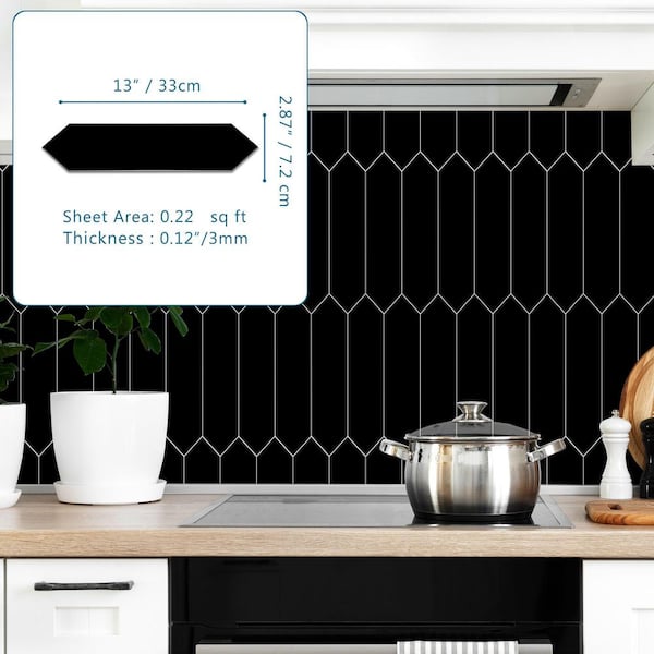 sunwings Picket 13 in. x 2.87 in. Black Peel and Stick Backsplash Stone Composite Wall Tile (50 tiles, 11 Sq. ft.)