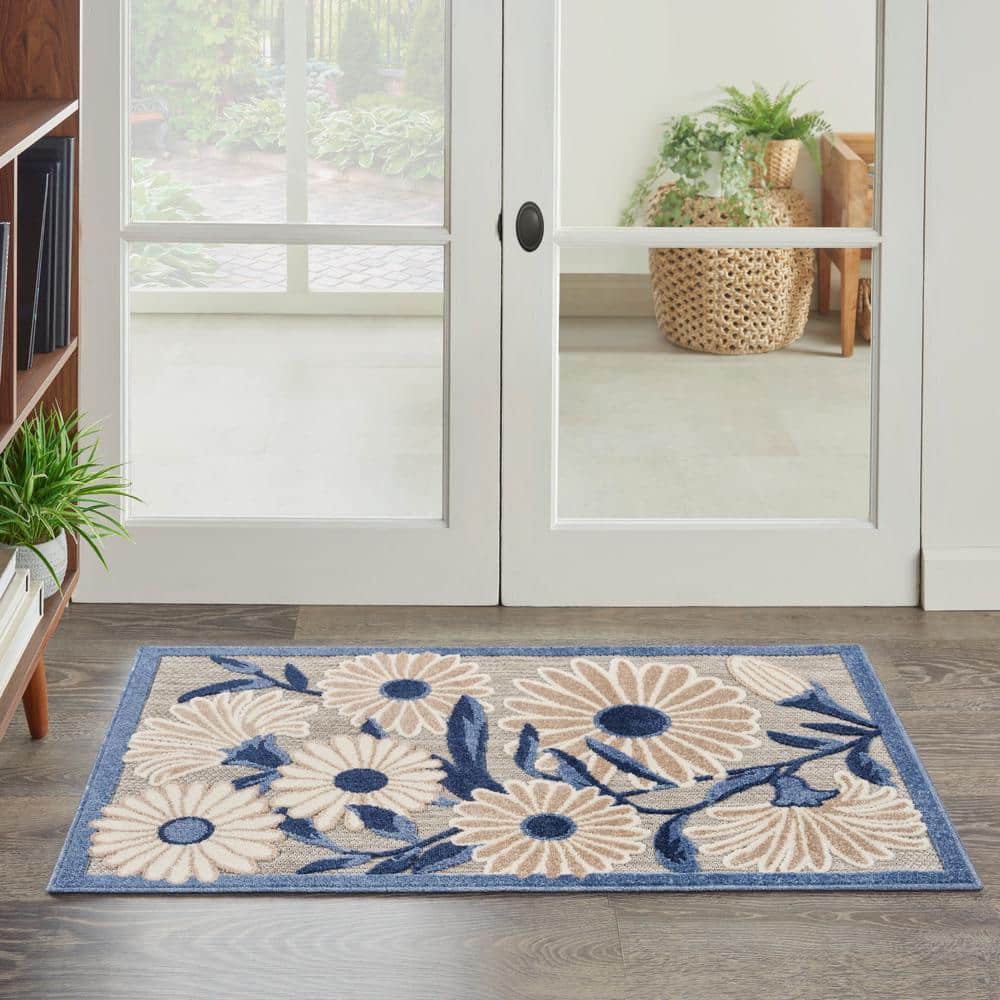 Aloha Daisy Flower Blue/Grey Floral Flatwoven Rug 2'8" x 4'