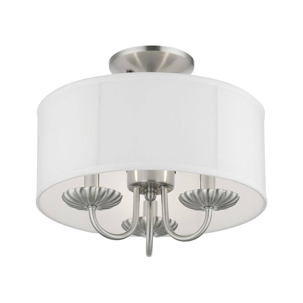Transitional Brookdale Brushed Nickel 3-Light Semi-Flush Mount with Off-White Drum Shade