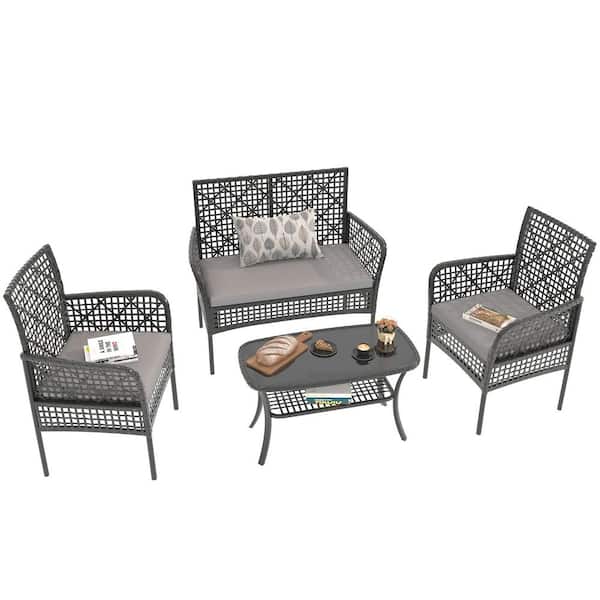 Sudzendf 4-Piece Wicker Patio Conversation Set with Gray Cushions and Glass Coffee Table Suitable for Patio, Garden, Balcony