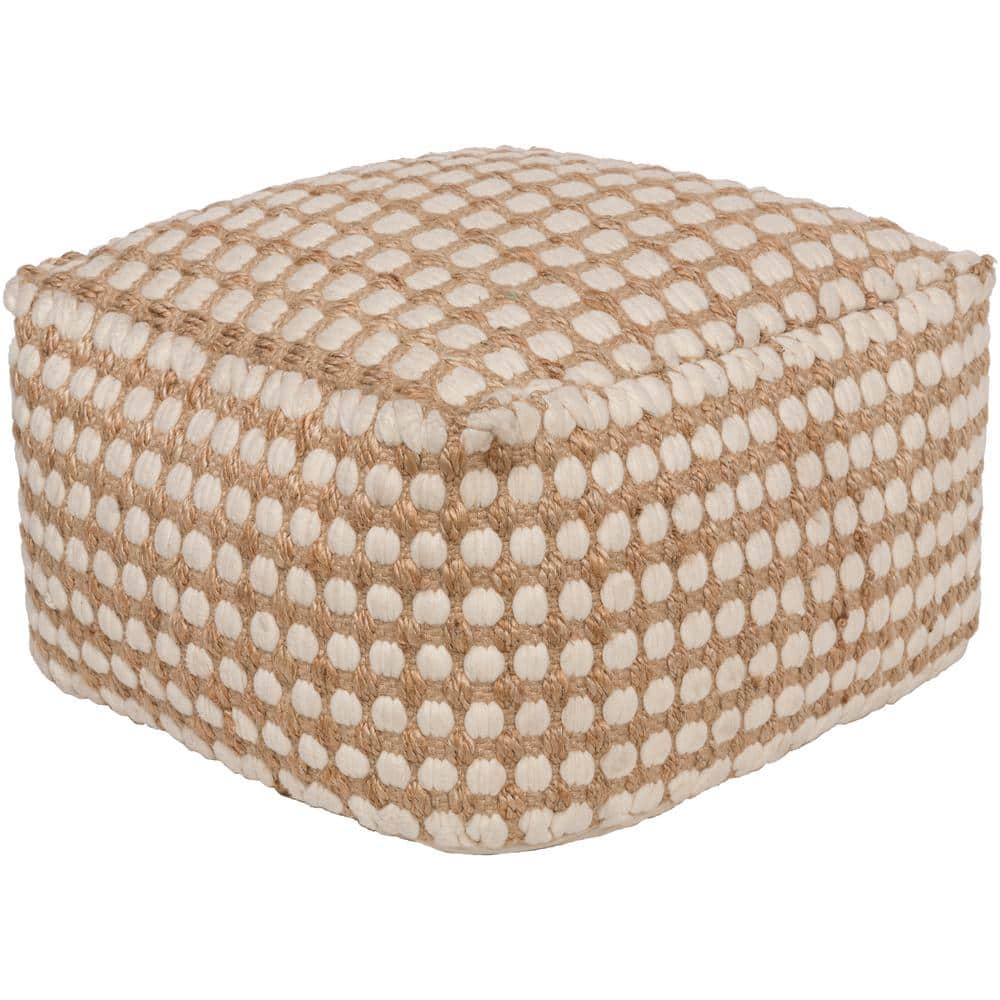 Natural Fiber White and Beige Woven Pouf