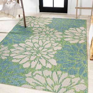 Zinnia Modern Floral Textured Weave Cream/Green 9 ft. x 12 ft. Indoor/Outdoor Area Rug