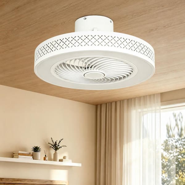 20 in. LED Indoor White Dimmable Matte Modern Cage Low Profile Flush Mount Ceiling Fan Light with Remote Control and App