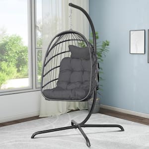 Foldable 350LBS 1-Person Wicker Porch Swing with Gray Body, Dark Gray Cushion without Cover, Egg Chair with Stand