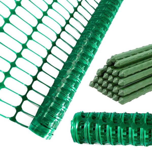 4x100 Temporary Plastic Snow Fence with Stakes Garden Fencing Roll Reusable Safety Barrier for Lawn and Pool Use