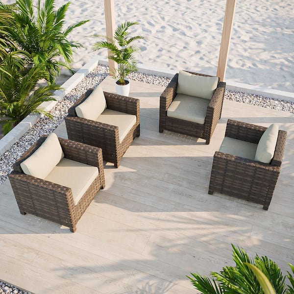Patio Brown Wicker Outdoor Lounge Chair with Beige Cushions (4-Pack)