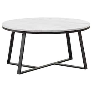 36 in. White and Matte Black Round Faux Marble Coffee Table