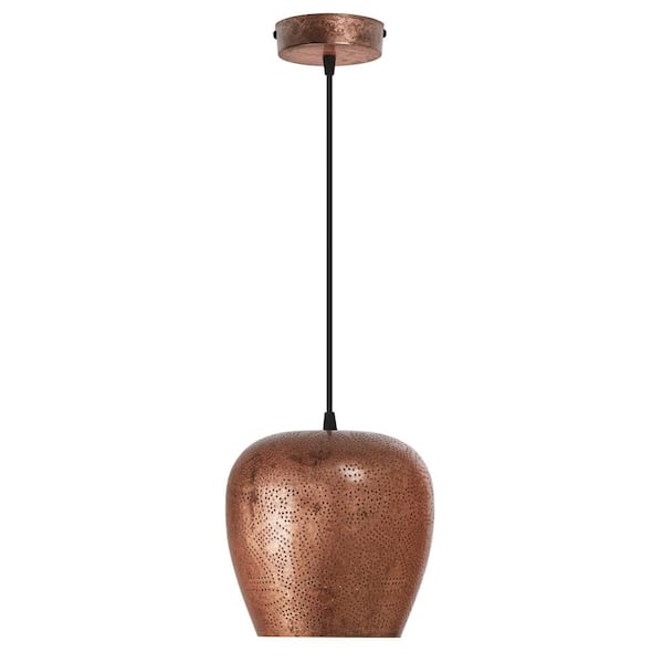 Corbeau 8 in. Distressed Copper-Colored Metal Pendant Light with Punched Metal Globe Shade