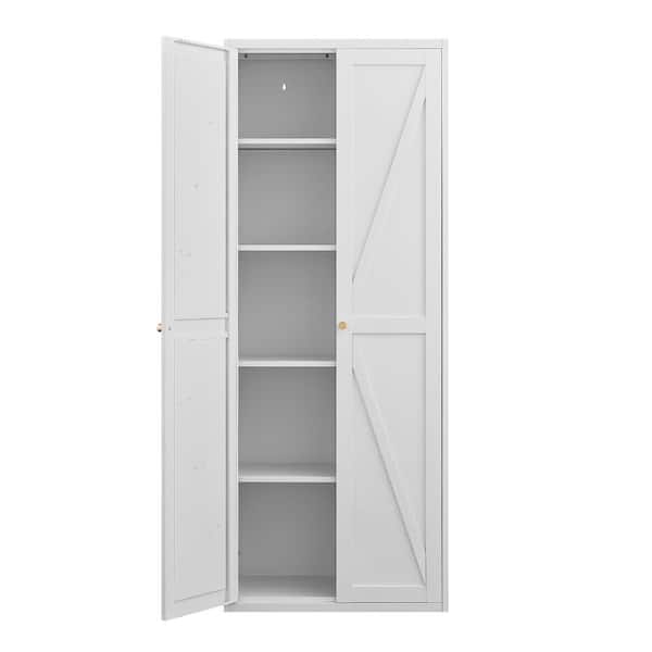 71 in. H Metal Storage Cabinet with Barn Doors, White Steel File Cabinet w/Adjustable Shelves, Kitchen Pantry Cabinet