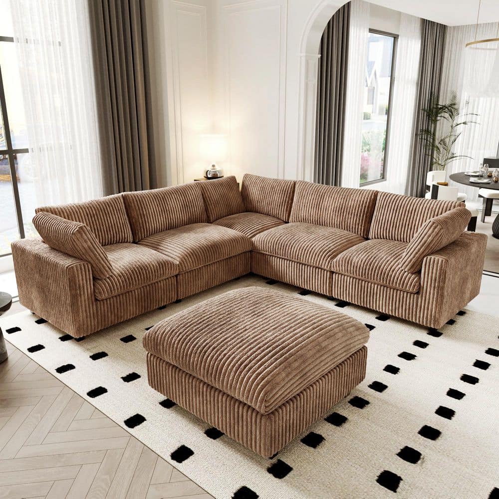 Modern 118 in. Square Arm Oversized Deep Seat Velvet 6-Piece L-Shaped Modular Sectional Sofa with Ottoman, Brown price history on PriceWatchPro