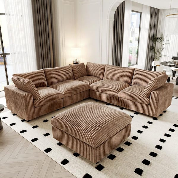 Modern 118 in. Square Arm Oversized Deep Seat Velvet 6-Piece L-Shaped Modular Sectional Sofa with Storage Ottoman, Brown