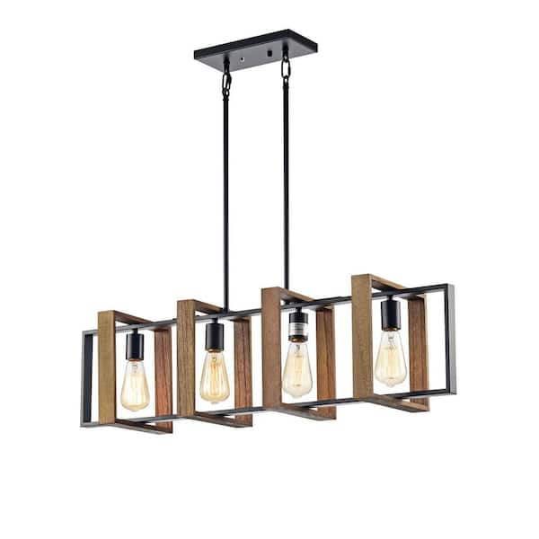 Modern Farmhouse 4-Light 35 in. W Matte Black and Wood Rectangular Linear Chandelier for Dining Room, Kitchen Island