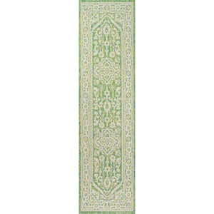 Sinjuri Cream/Green 2 ft. x 8 ft. Medallion Textured Weave Indoor/Outdoor Area Rug