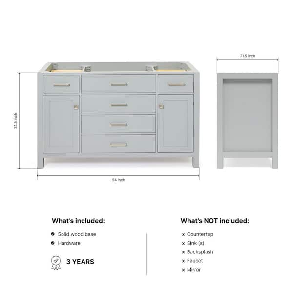 Bristol 54 in. W x 21.5 in. D x 34.5 in. H Freestanding Bath Vanity Cabinet without Top in Gray