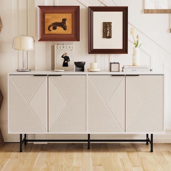 TECHMILLY 57" Carved Modern Design 4-Door White Steel Sideboard Buffet, Accent Kitchen Storage Cabinet with Adjustable Shelves TM-SB-001BE-WL