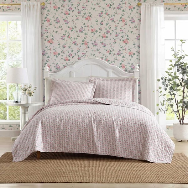 Laura Ashley Marta Stripe 3-Piece Pink/Green Cotton King Quilt Set