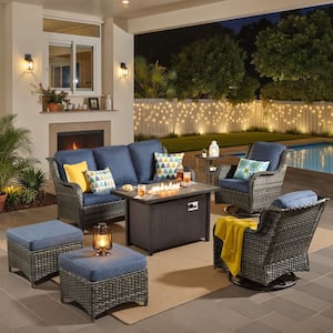Joyoung Gray 7-Piece Wicker Patio Rectangle Fire Pit Conversation Set with Denim Blue Cushions and Swivel Chairs