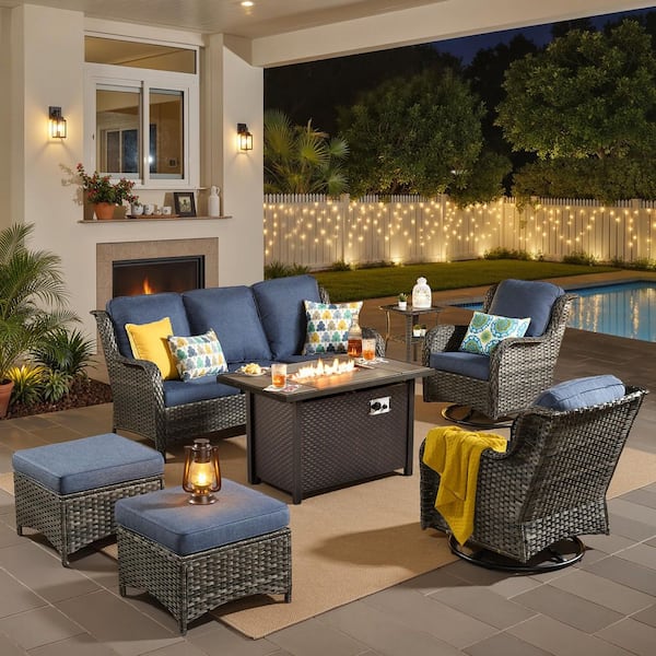 Joyoung Gray 7-Piece Wicker Patio Rectangle Fire Pit Conversation Set with Denim Blue Cushions and Swivel Chairs