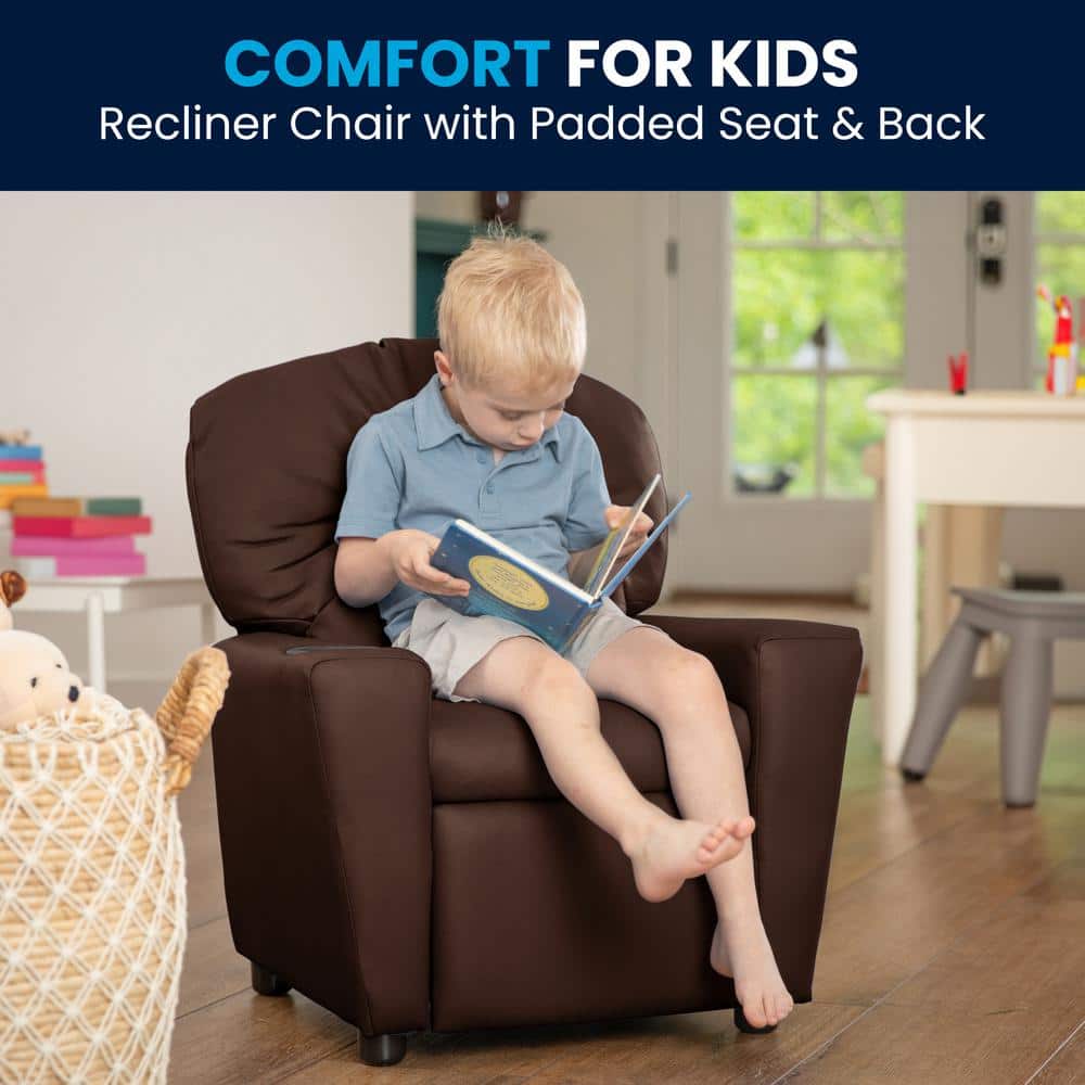 Cozy Brown LeatherSoft Kids Recliner with Built-in Cup Holder