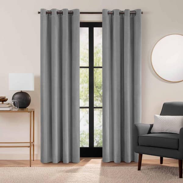 Eclipse Luxury Cotton Velvet Dark Grey Solid Cotton 84 in. L x 50 in. W 100% Blackout Single Panel Grommet Curtain