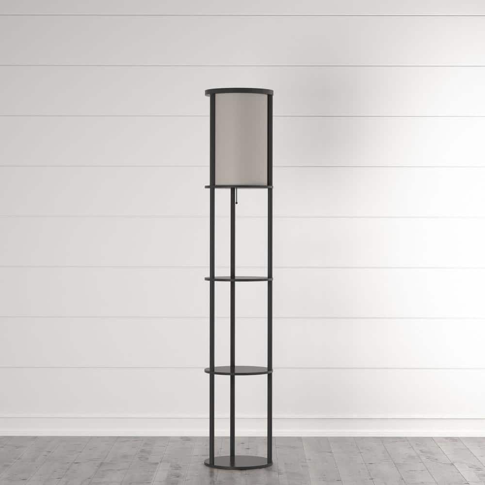 Black Wood Floor Lamp with Circular Storage Shelves