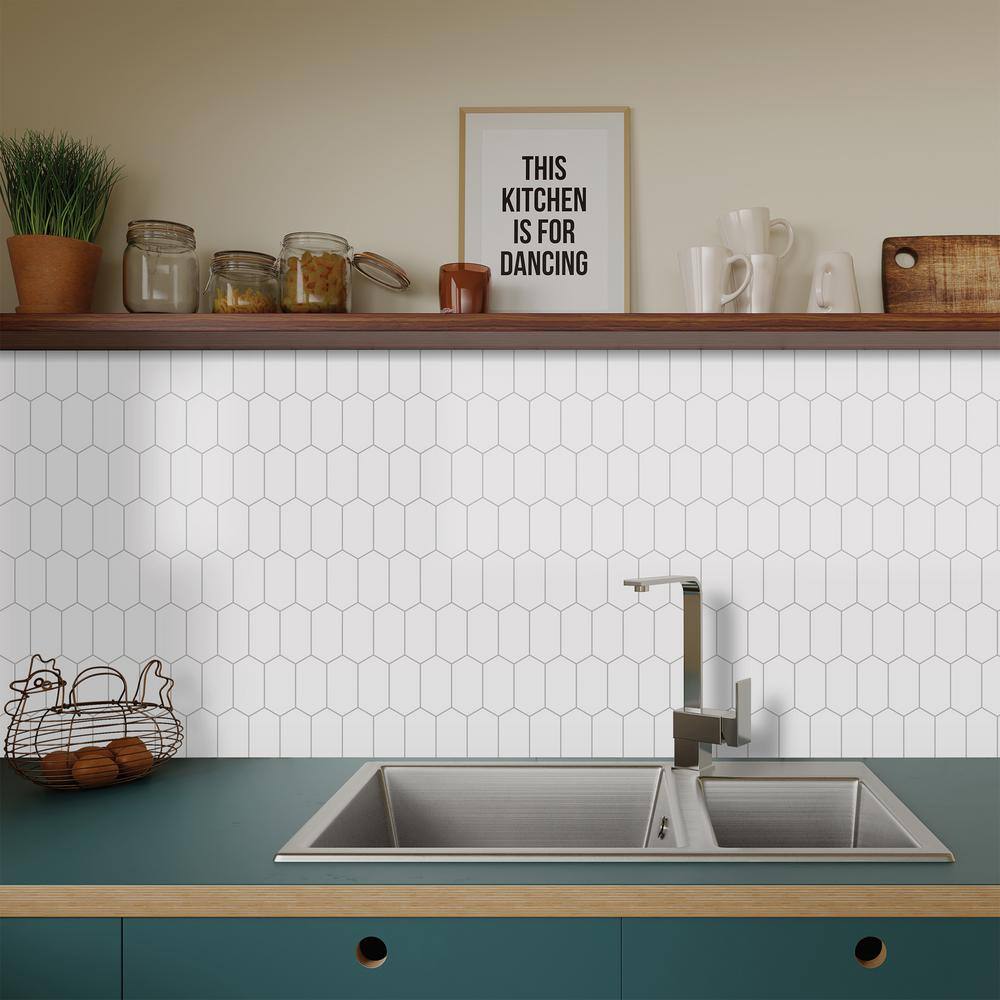White Hexagonal Peel and Stick Stone Mosaic Tile Sheet